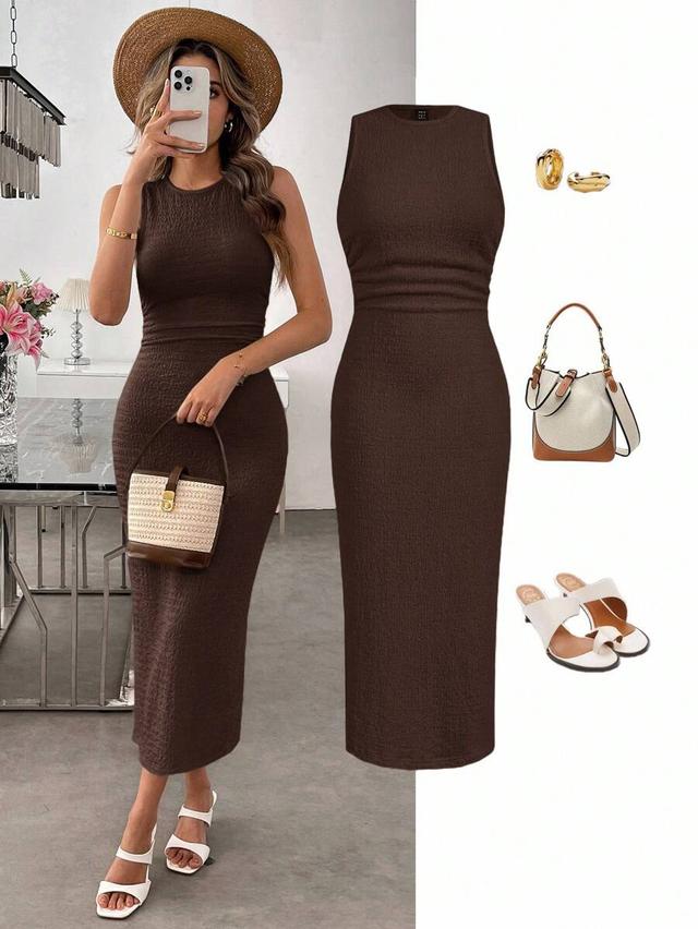 dark brown textured knit sleeveless midi bodycon dress