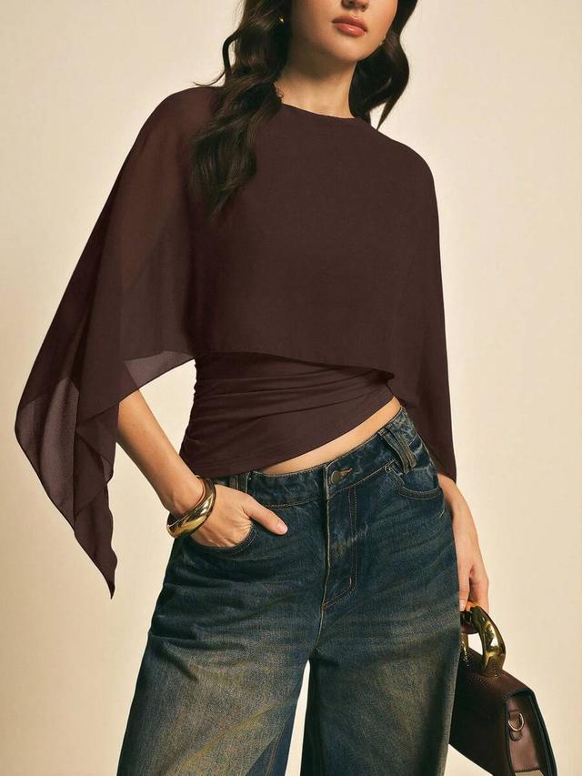 poéselle dark burgundy round neck asymmetric ruched blouse