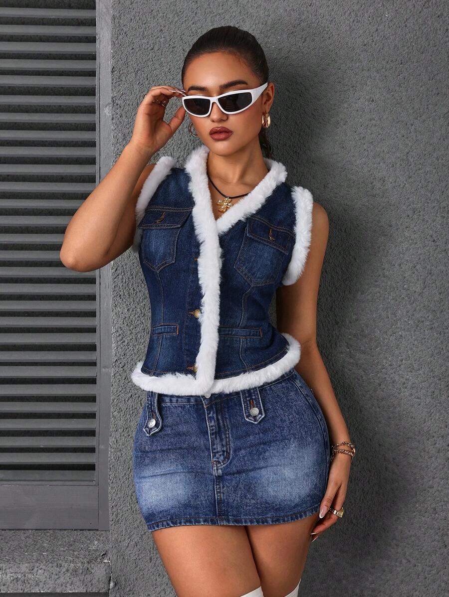 denim sleeveless jacket with faux fur trim