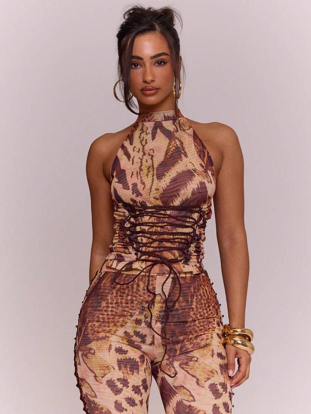 brown tiger print high neck lace up halter top