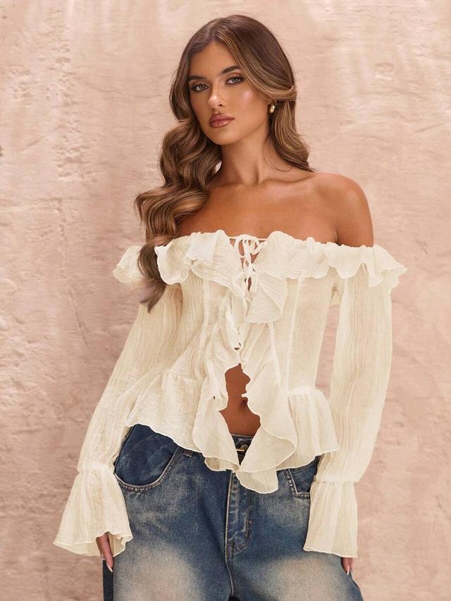 cream white off shoulder ruffled long sleeve blouse