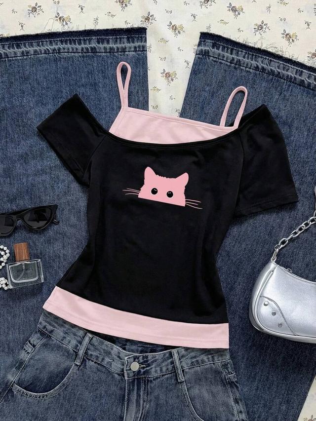 black and pink contrast cat print short sleeve top