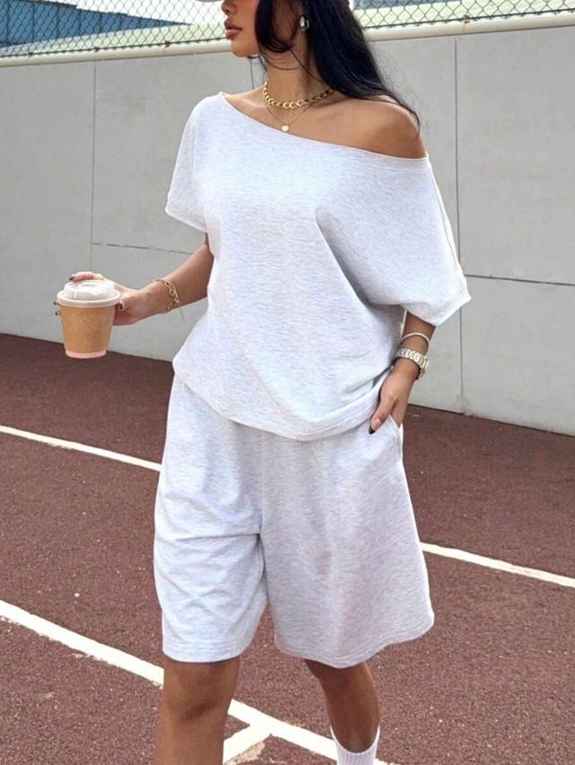 light grey knit off shoulder sweatshirt and shorts set