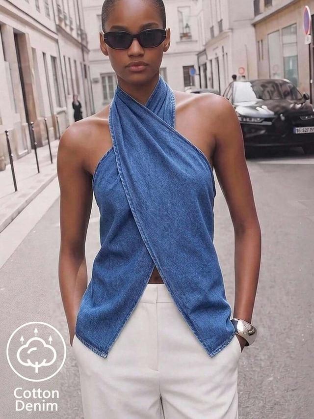 denim halter neck ruched crossover top