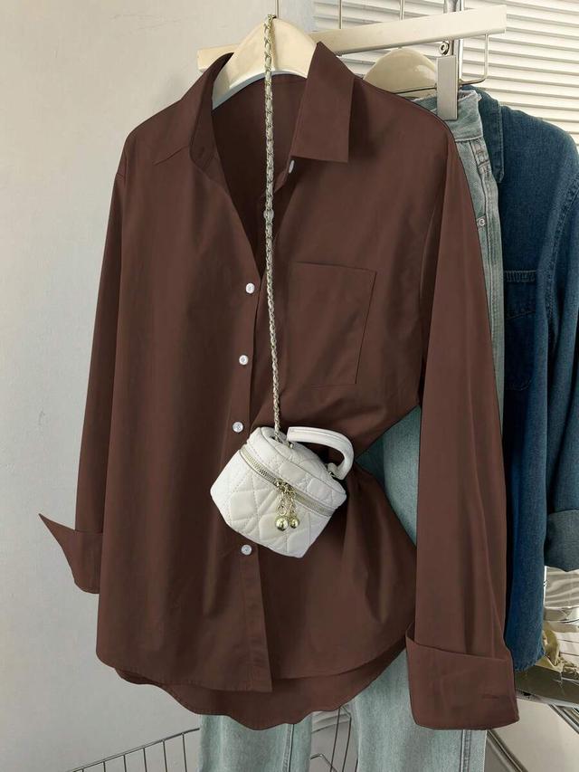 brown solid color button-up long sleeve shirt