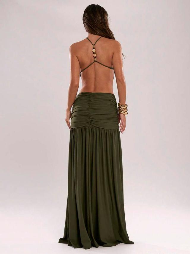 solid olive green halter backless beaded maxi dress