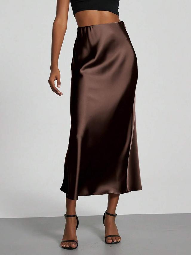 dark coffee satin finish elastic waist maxi skirt