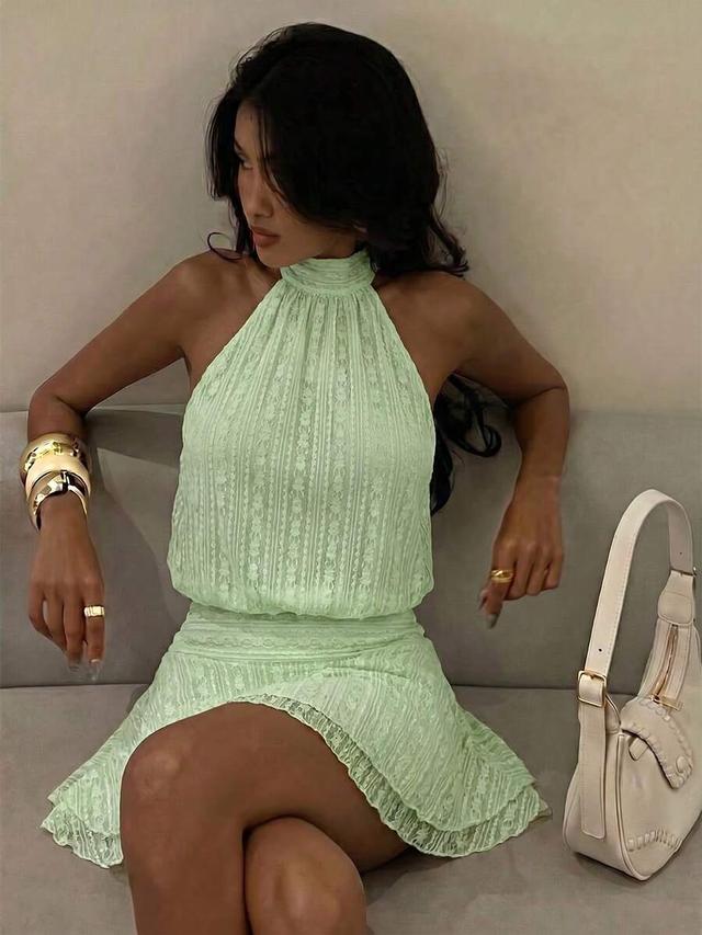 light green knitted jacquard backless mini dress