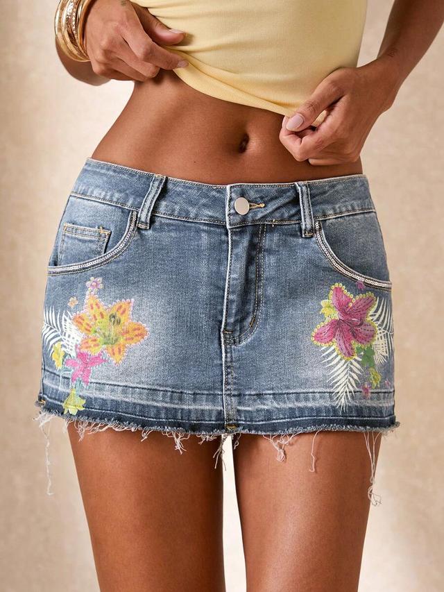hibiscus print sequin embroidered denim mini skirt