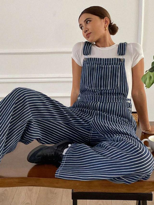 striped denim dungarees with front pocket