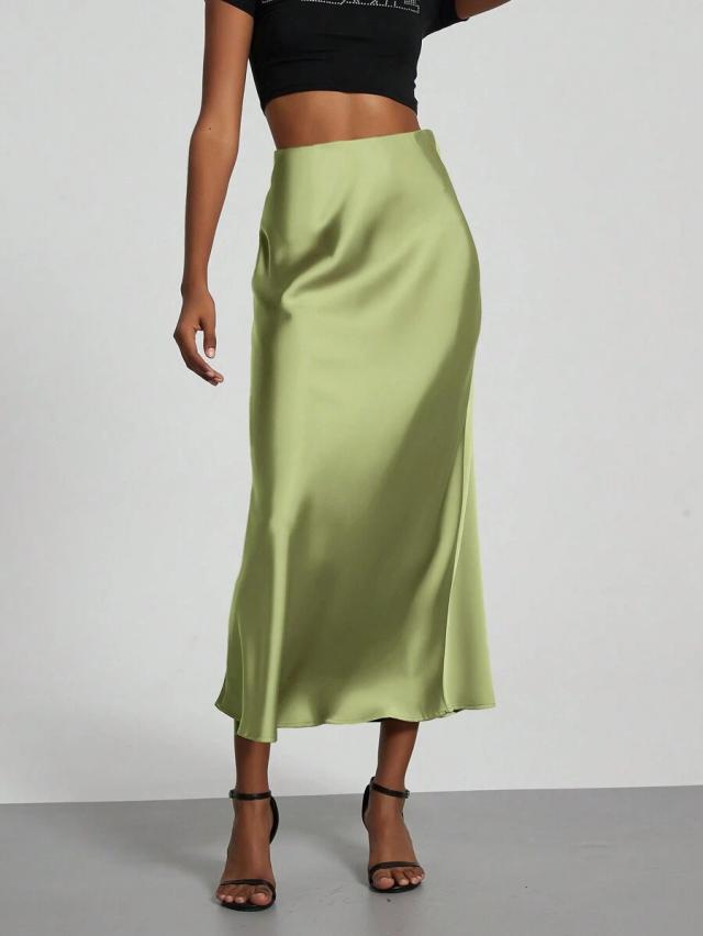 mint green elastic waist satin midi skirt