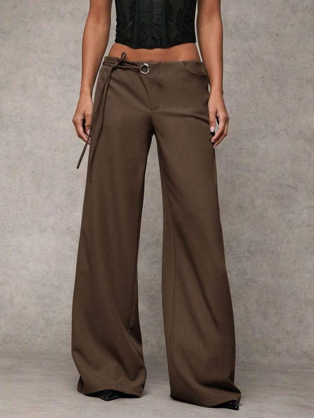 grey wide leg loose pants with waist eyelet