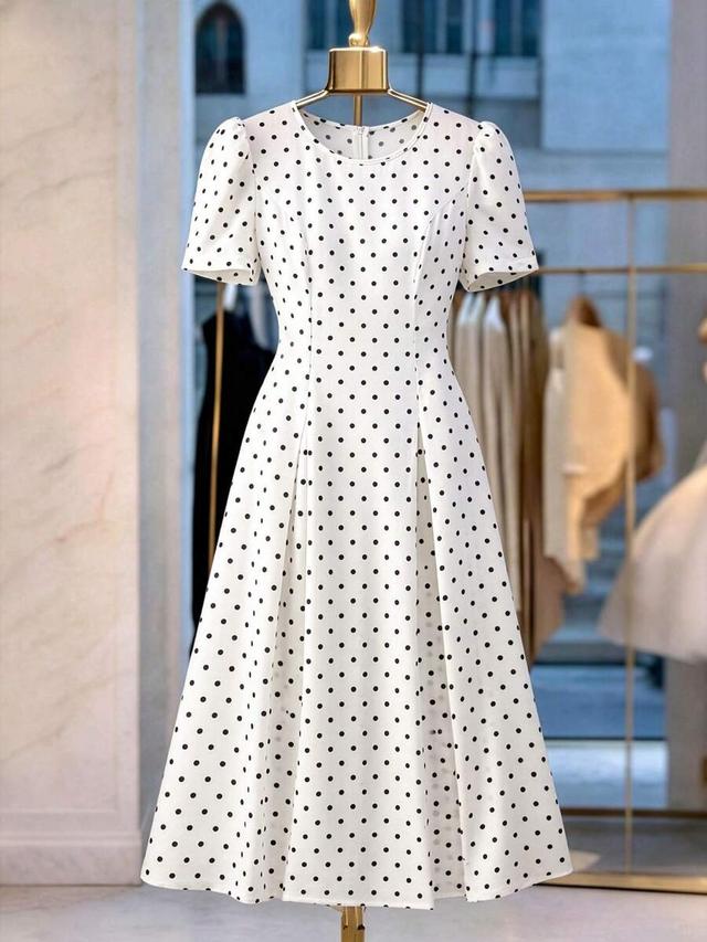 white polka dot round neck short sleeve a-line dress