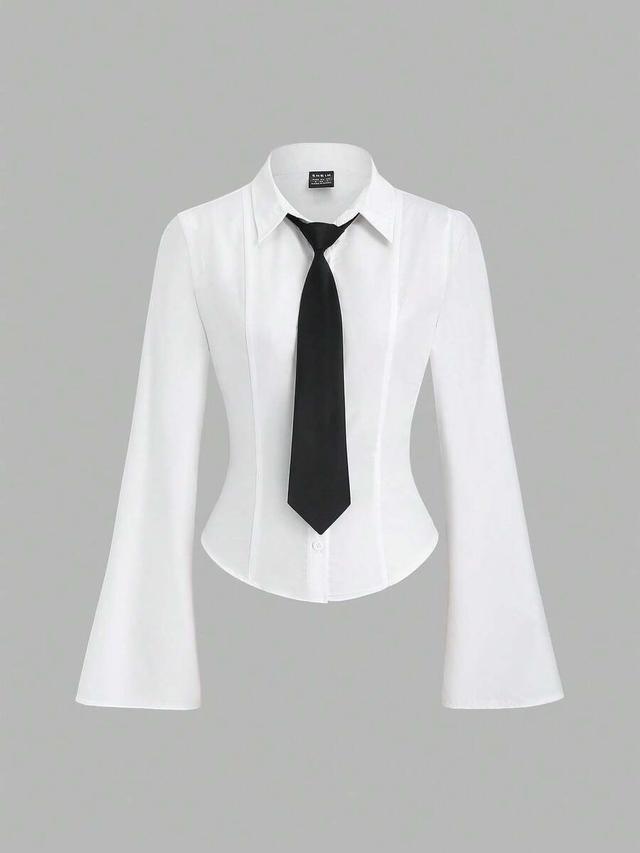 white minimalist long sleeve tie collar blouse