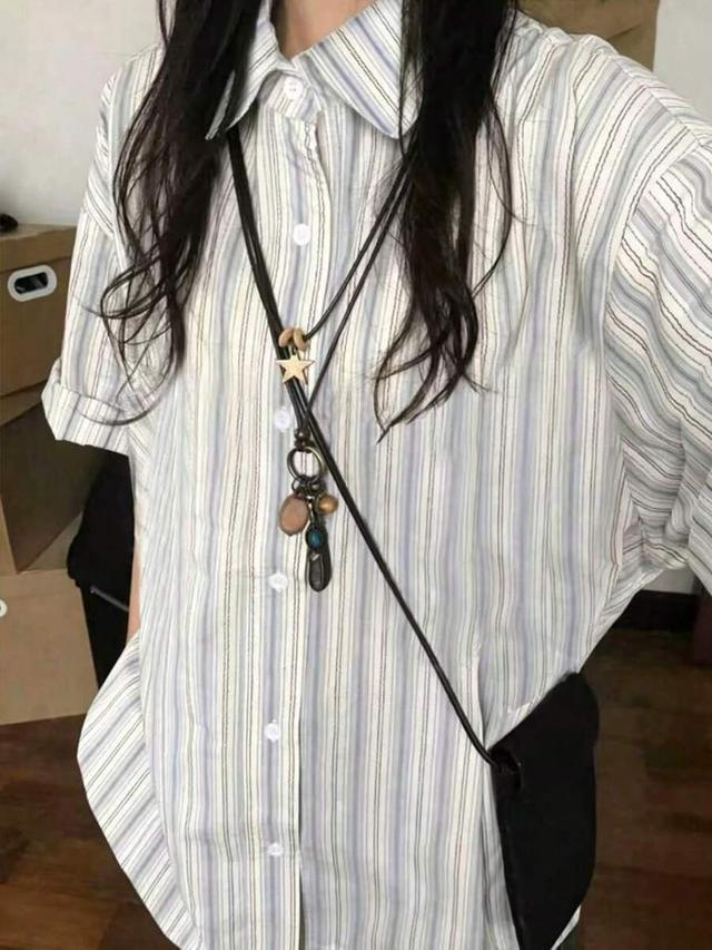 blue and apricot striped casual short sleeve shirt