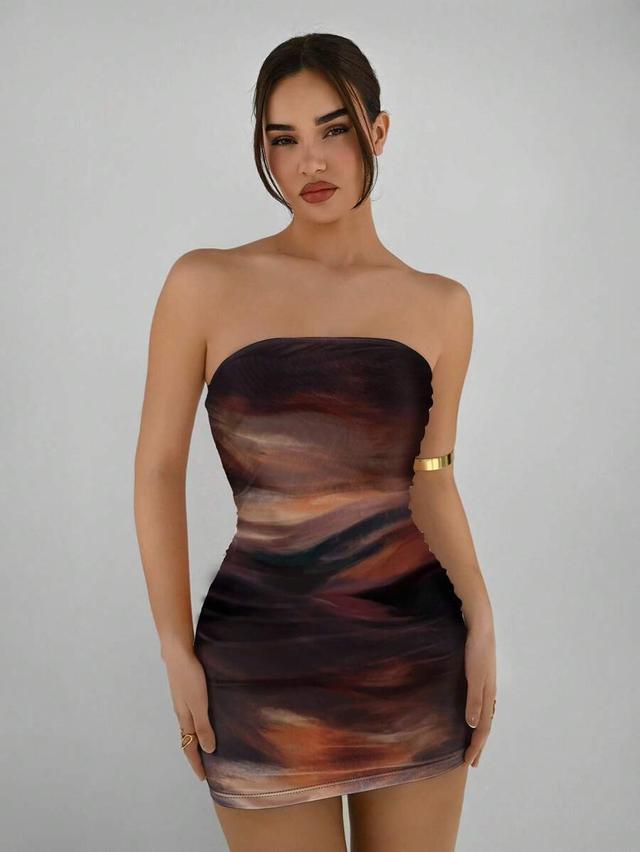 abstract pattern brown coffee bandeau bodycon summer dress