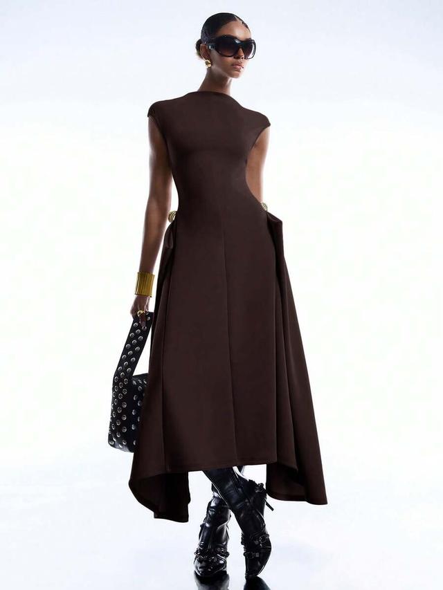 coffee brown asymmetric hem batwing sleeve dress