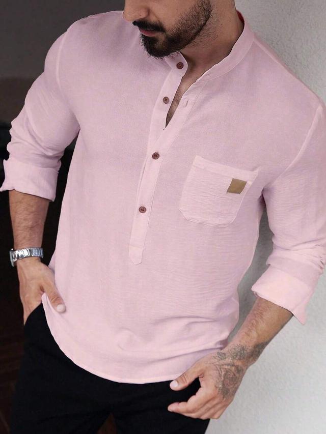pink solid color stand collar long sleeve shirt