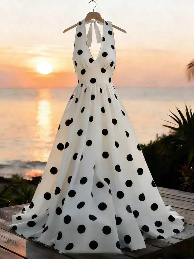 vintage elegant polka dot print backless tie-front dress
