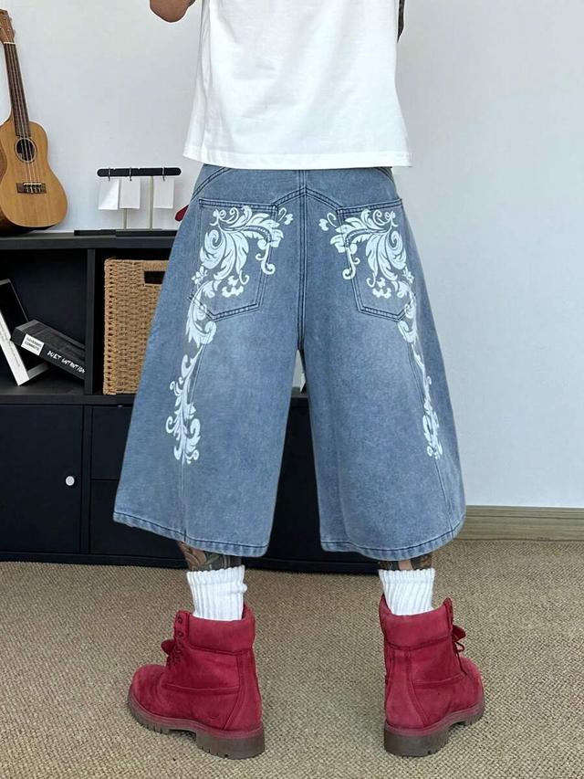casual loose straight leg denim shorts with graphic print