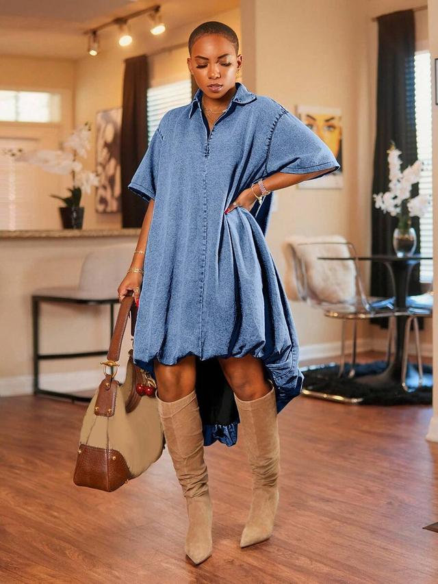oversized denim shirt dress with high-low hem