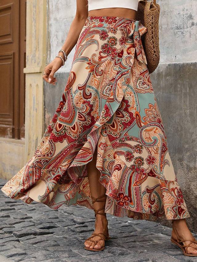 floral paisley print wrap skirt with ruffle hem