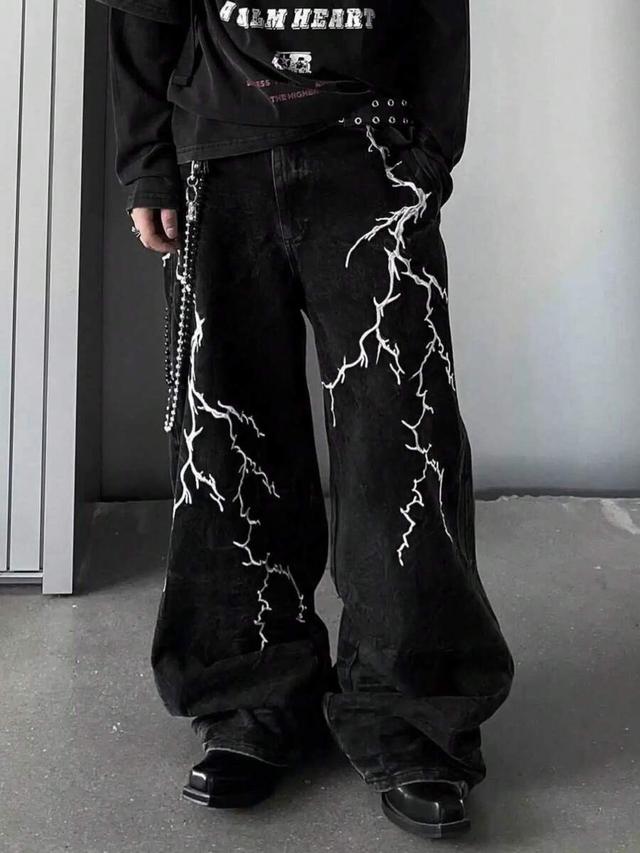 black denim wide leg jeans with lightning print
