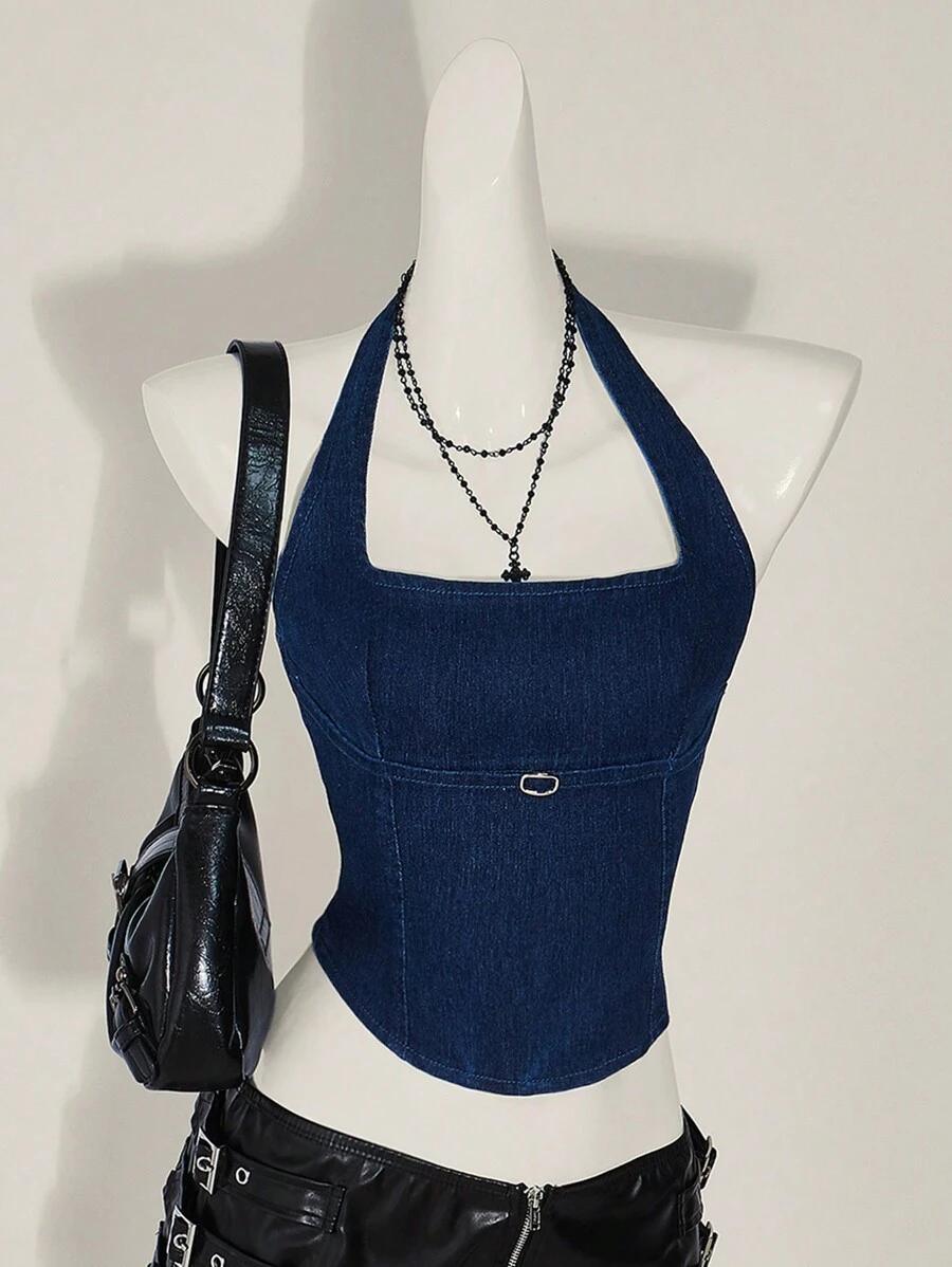 dark wash denim halter corset top