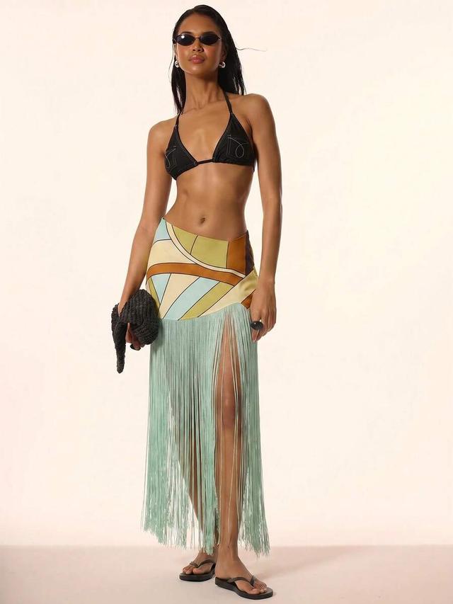 printed dipped waist maxi skirt with extreme fringe detail