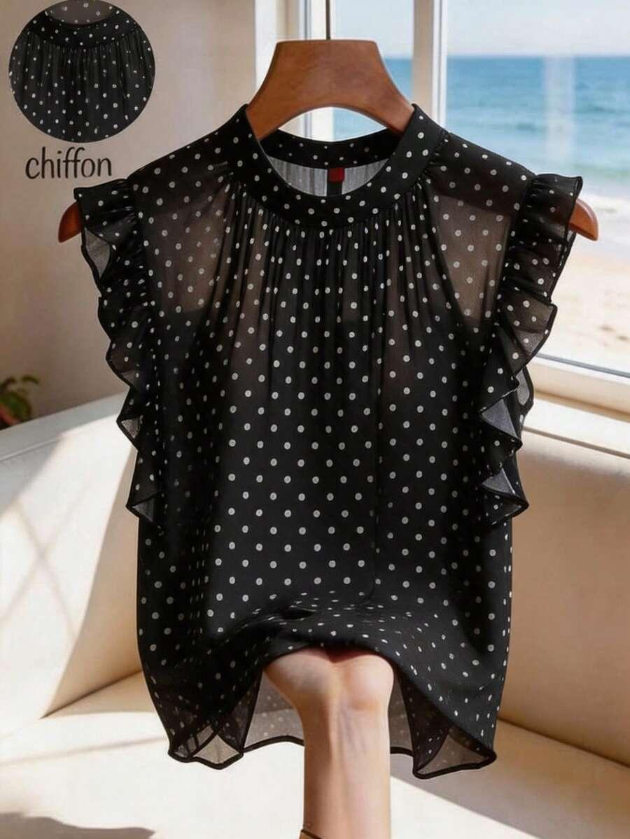 black polka dot chiffon sleeveless ruffle blouse