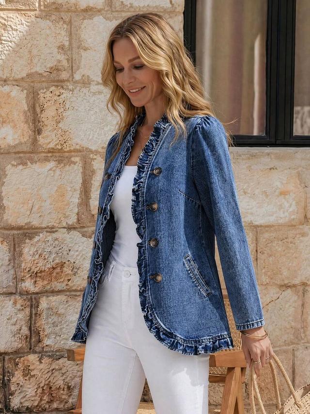 denim double-breasted jacket with frill trim