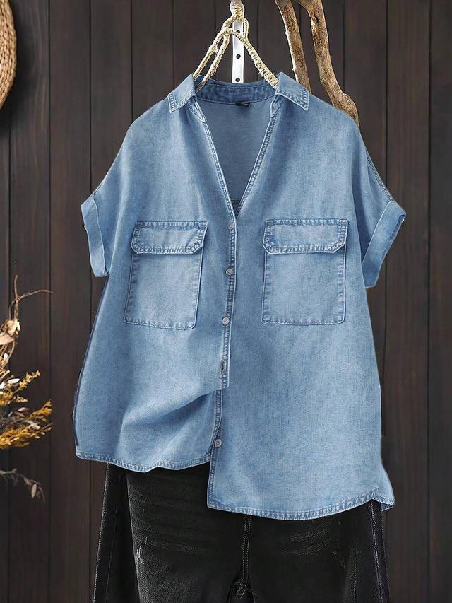 light wash denim button down short sleeve shirt
