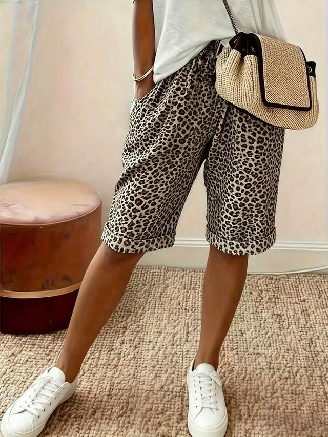 leopard print drawstring waist wide leg bermuda shorts