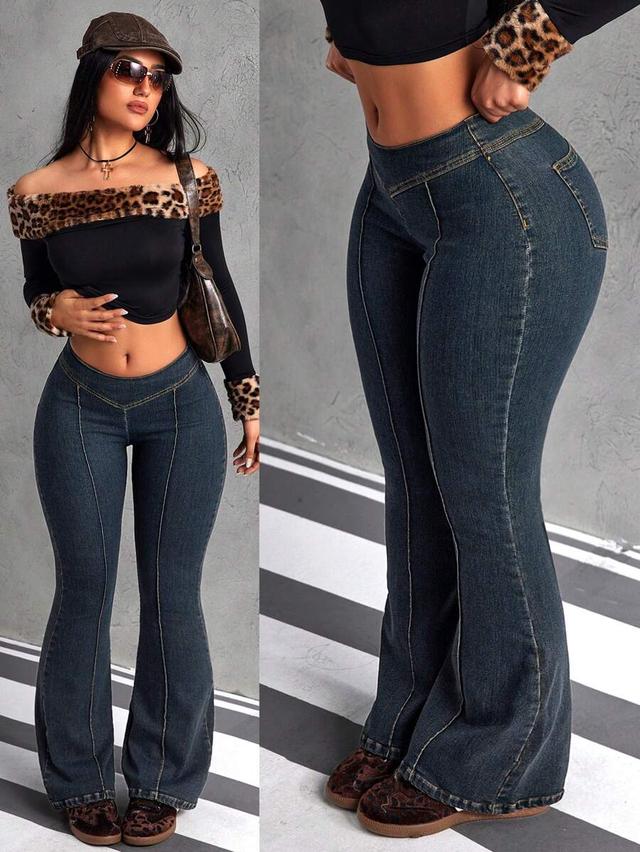 dark wash denim flared jeans with back zip