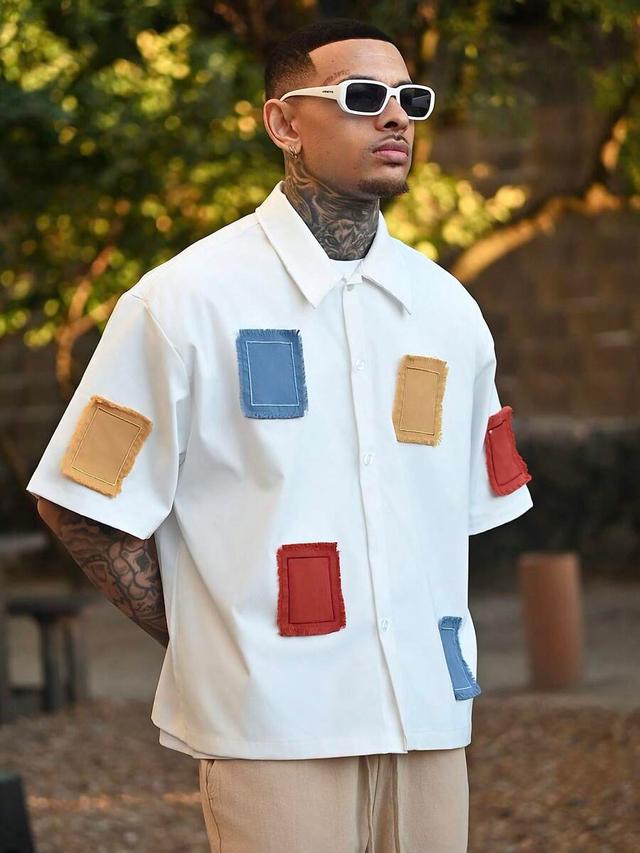 white boxy button up shirt with color clash applique