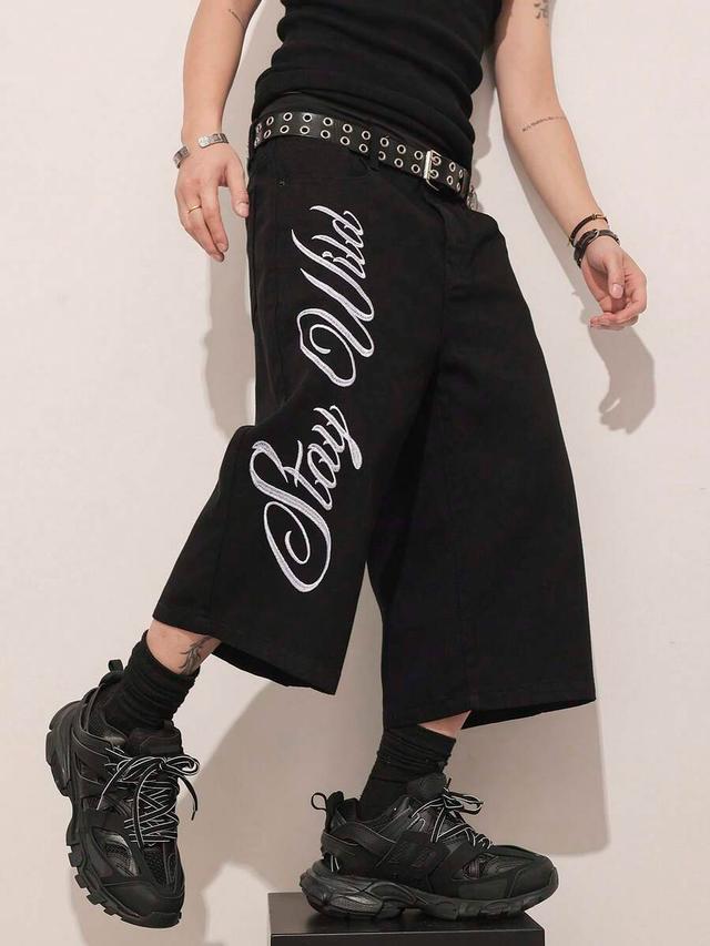 black embroidered loose casual wide leg denim shorts