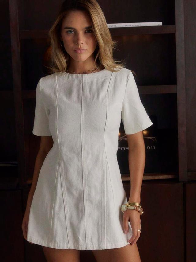 white linen blend mini shift dress with princess seams