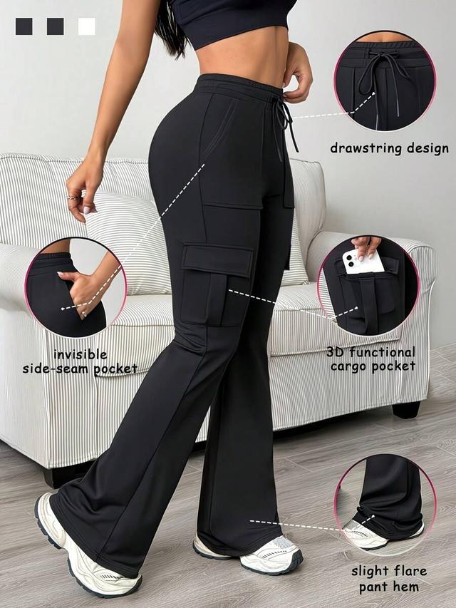 women's high waist elastic drawstring flare cargo pants