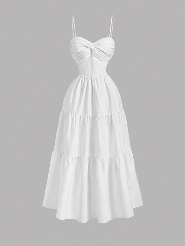 white twist front layered ruffle cinched waist dress