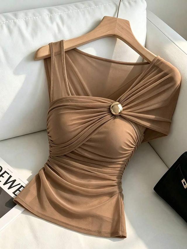 light brown double layer mesh asymmetrical pleated top