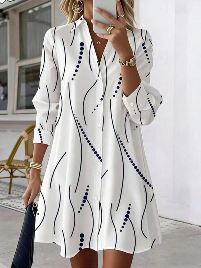white printed collared shirt dress