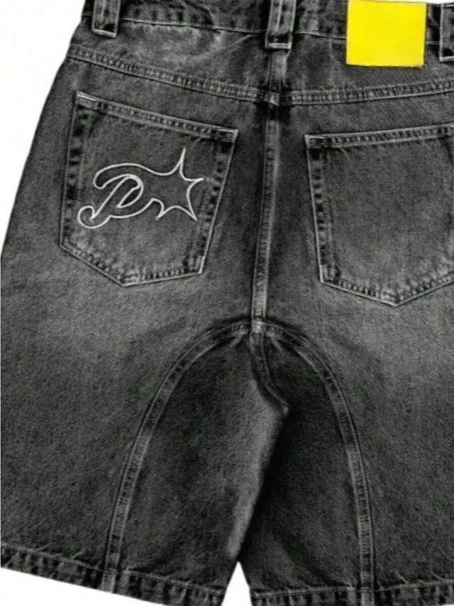 dark grey five-point shorts with embroidery