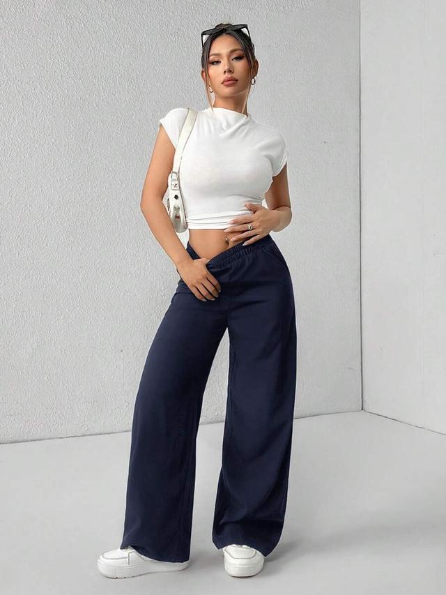 navy high waist wide leg stretch trousers