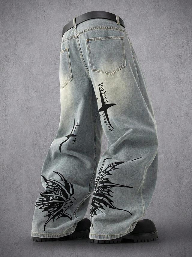 manfinity denimwave street style wing print wide leg jeans