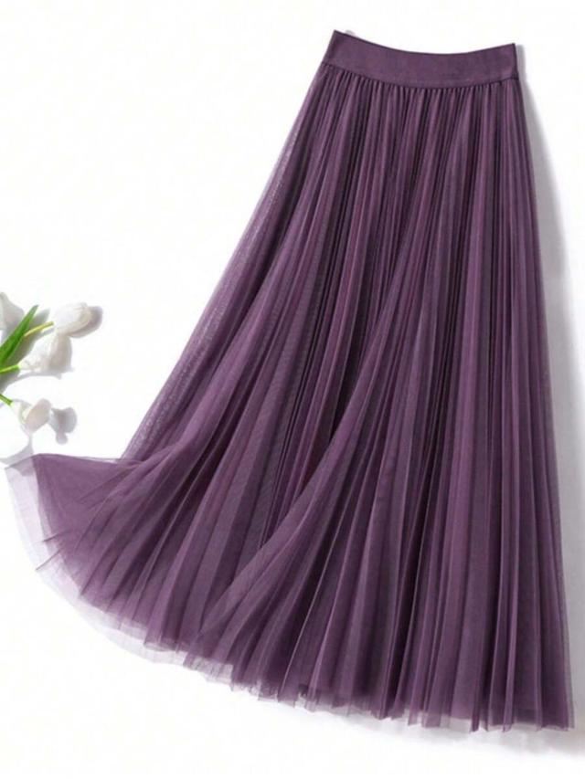 luminouswealth women's elegant pleated mesh a-line skirt