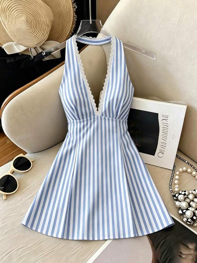 blue and white striped halter mini dress