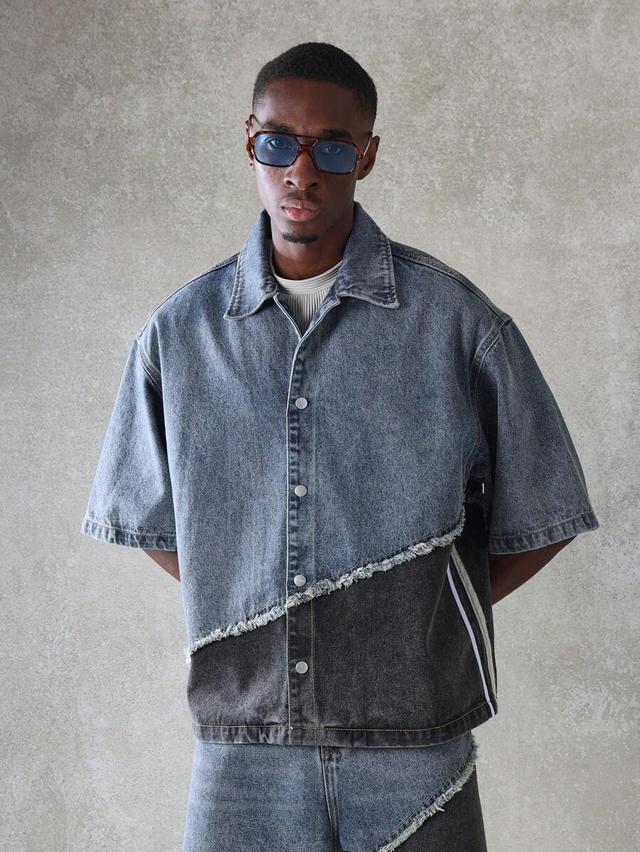 dark grey oversized two-tone contrast denim shirt with raw edge