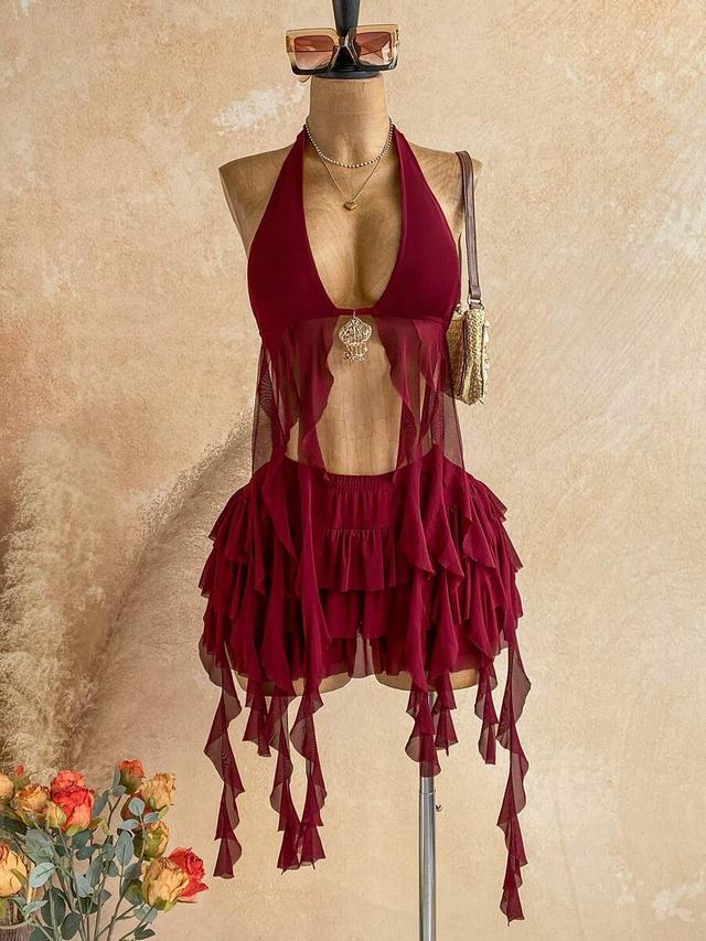 burgundy ruffled halter neck coord set