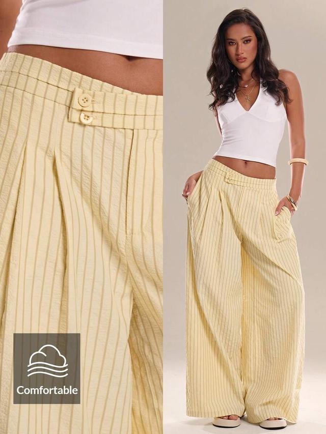 soft yellow striped asymmetric waist loose trousers