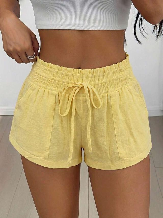yellow casual drawstring waist shorts with side pockets